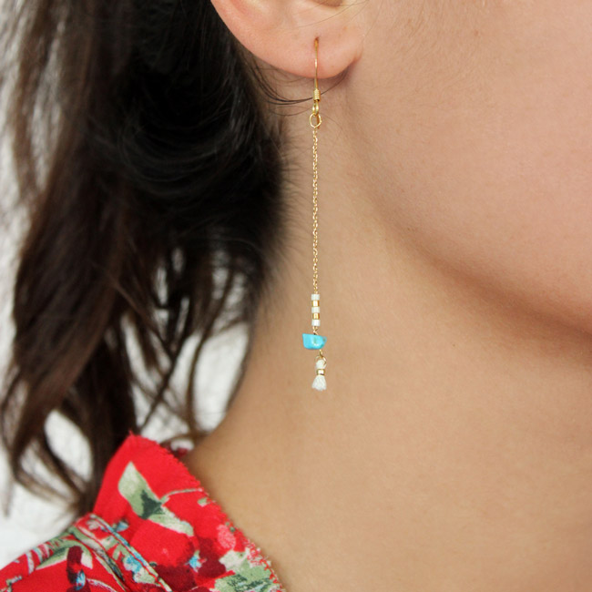 Esquema Pendientes Cadena Miyuki turquesa con pequeño pompón Esquema Pendientes Cadena Miyuki turquesa con pequeño pompón