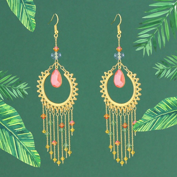 Pendientes tropicales con cabujones y piñones PureCrystal con cadena Miyuki Pendientes tropicales con cabujones y piñones PureCrystal con cadena Miyuki