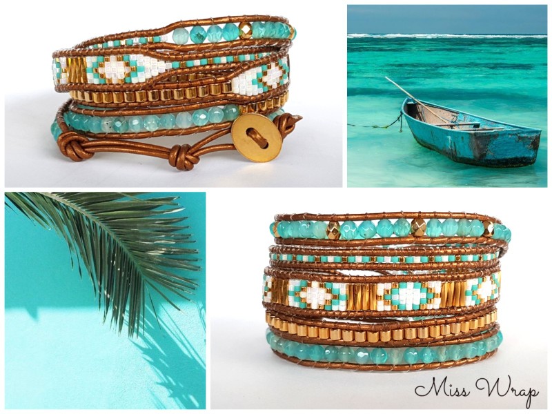 Tutoriel DIY facile bracelet wrap turquoise tendance avec pierres gemmes gemstones agate perles Miyuki Delicas et Bugles Twist