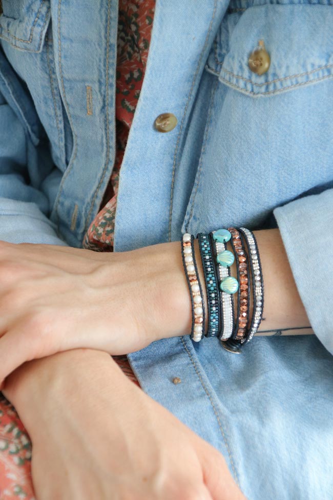 Esquema Envuelva la pulsera 5 rondas azul y oro rosa Shell Beads sirena