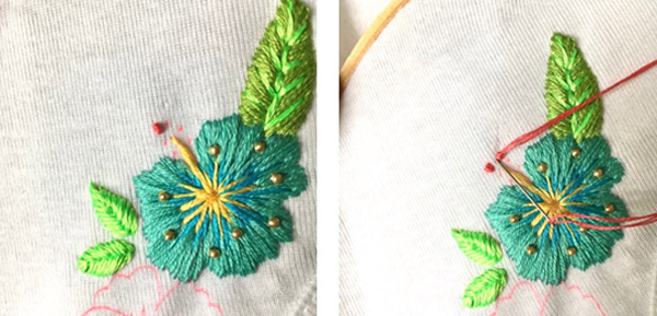 Tutorial de bordado de bricolaje Hibiscus frieze en un cuello de camiseta Tutoriel DIY broderie frise Hibiscus sur un col de tee-shirt