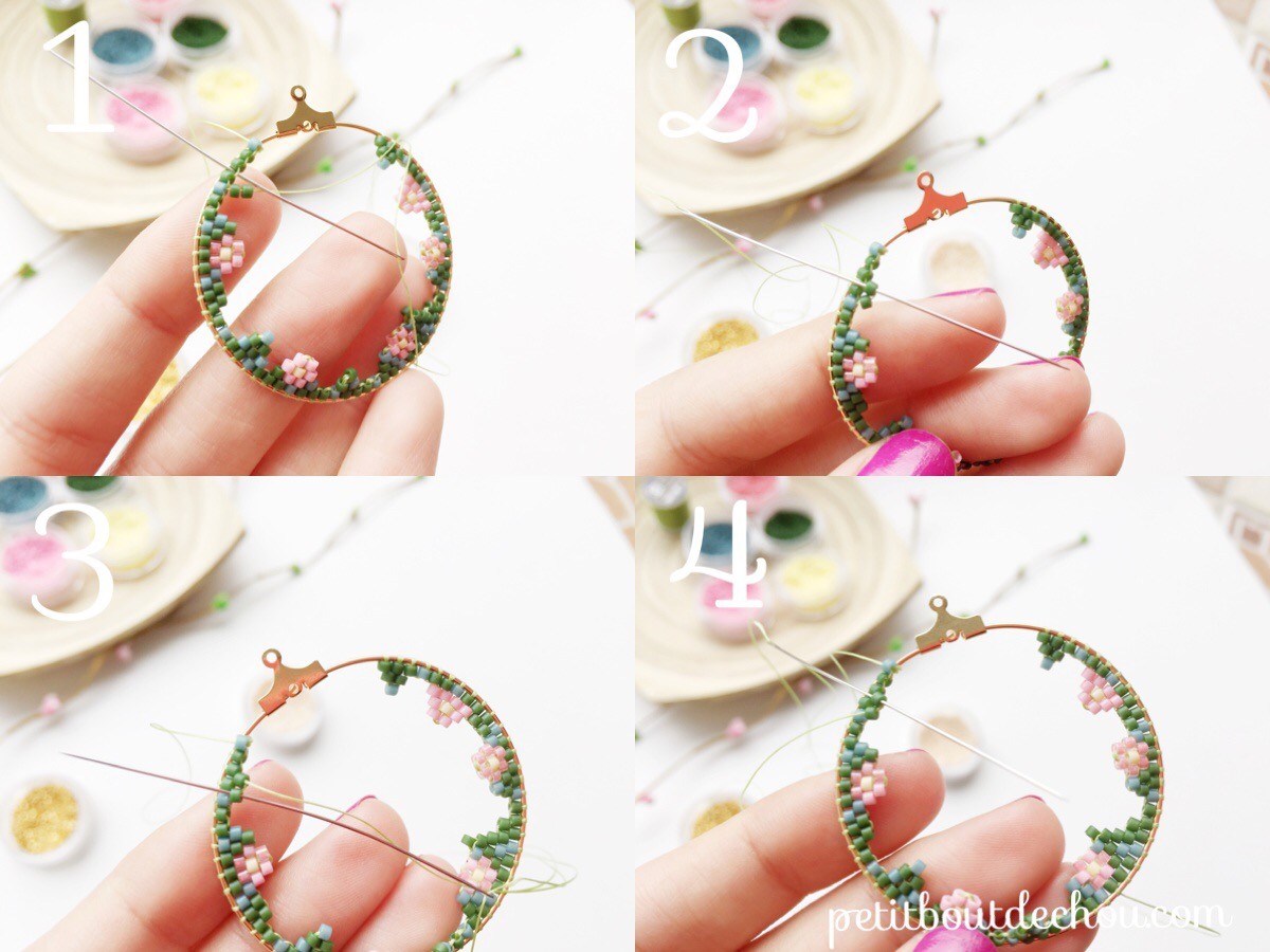 Pendientes tejido criollo punto de ladrillo abalorios pajaritos Miyuki Delicas : Paso 4