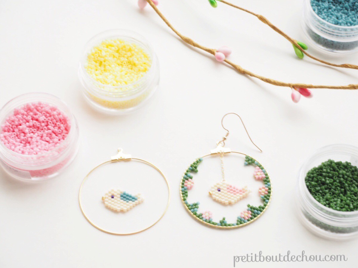 Pendientes tejido criollo punto de ladrillo abalorios pajaritos Miyuki Delicas : Paso 7