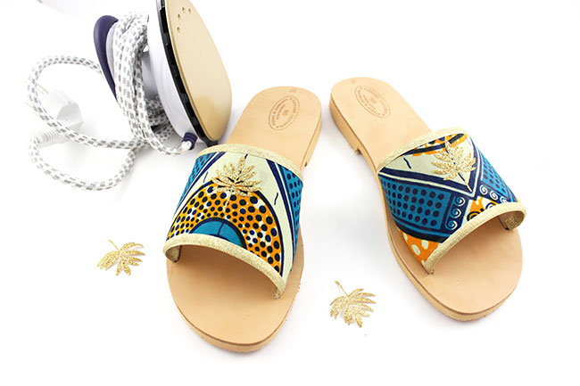 customiser des sandales en cuir avec du tissu wax coller le motif thermocollant