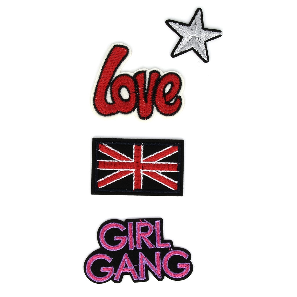 4 Escudos Termoadhesivos bordados motivo fun - Estrella/Love/Drapeau/Girl  x1 - Perles \u0026 Co