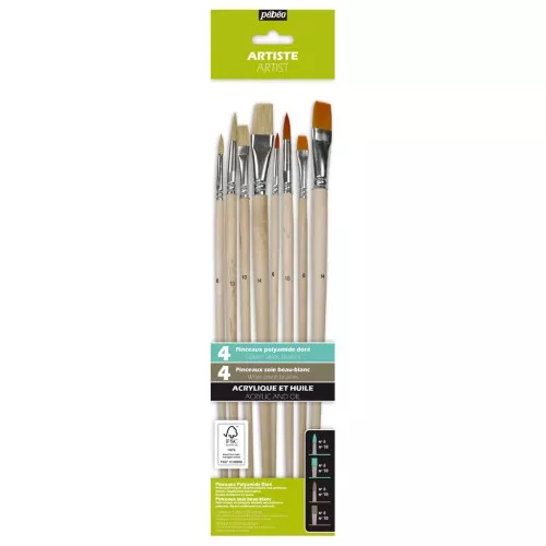 8 pincelas redondos y planos - 4 Sedas Beau Blanco et 4 Polyamide Doré - Pébéo