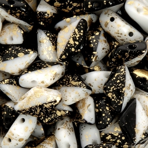 Cuentas de vidrio Gemduo 2 agujeros 8x5 mm Jet Opaque White Gold Splash x10g