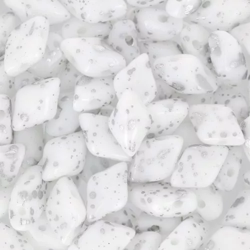Cuentas de vidrio Gemduo 2 agujeros 8x5 mm Opaque White Silver Splash x10g