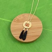 Gallo pluma rayada con terminal dorado para joyas fantasía 25 mm Olivo/Negro