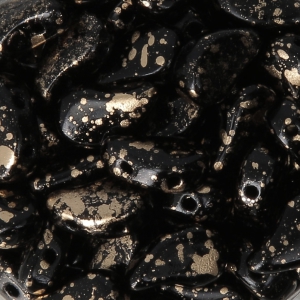 Cuentas de vidrio checa dos agujeros Paisley Duo 9x5.5 mm Jet Gold Splash x10g