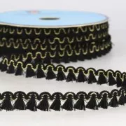 Galón con pequeños pompones y adornos 13 mm Negro/dorado x1m