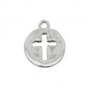 Dije medalla redonda calada con motivo cruz 13x16 mm rodiado x1