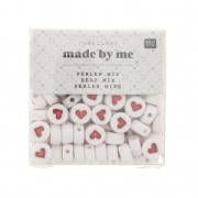 Surdido de 165 cuentas pequeños corazones para pulseras & joyas - 7 mm Blanco/Rojo