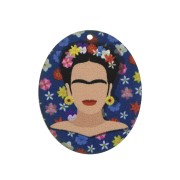 Colgante ovalado Mexicaine  & flores de madera tintado 45x37mm - Azul/Blanco x1|raw }}