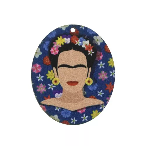 Colgante ovalado Mexicaine  & flores de madera tintado 45x37mm - Azul/Blanco x1