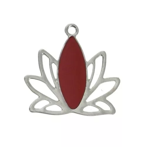 Colgantes flor de loto en latón y resina epoxi 15x16 mm Plateado / Rojo oscuro x4