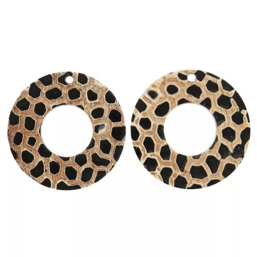 Colgantes étnicos redondos de cuerno motivos Leopardo grabado 48mm Negro/Marrón x2
