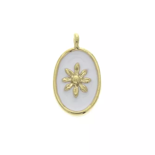 Dije medalla ovalado estampado sol de resina epoxi 14.5x8 mm dorado/blanco x1