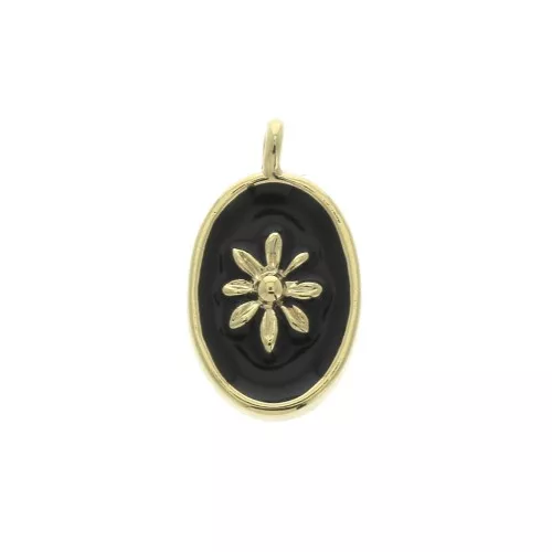 Dije medalla ovalado estampado sol de resina epoxi 14.5x8 mm dorado/noir x1