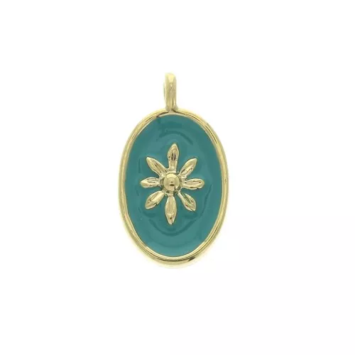Dije medalla ovalado estampado sol de resina epoxi 14.5x8 mm dorado/turquesa x1