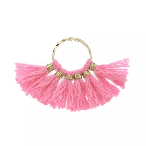 Mini colgante abanico con pompones imitación algodón 15x20mm Rosa Vivo / Dorado