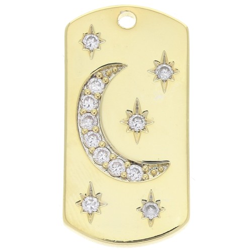 Colgante placa rectangular luna y estrellas de óxido de zirconio 27.5x13.5mm Dorado x1