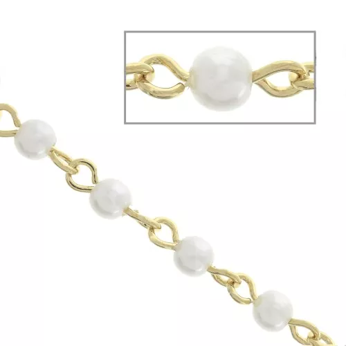 Cadena eslabón con cuentas nácar 4mm Blanco - Dorado con oro fino x1m