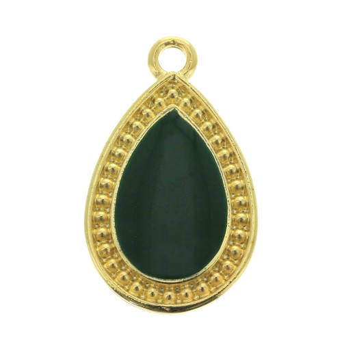 Colgante gota trabajado resina epoxi 21x12 mm Dorado con oro fino- Verde sapin x1