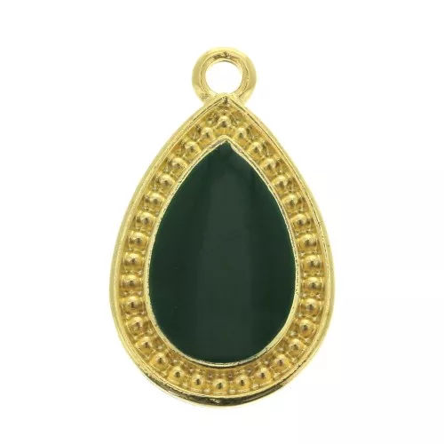Colgante gota trabajado resina epoxi 21x12 mm Dorado con oro fino- Verde sapin x1