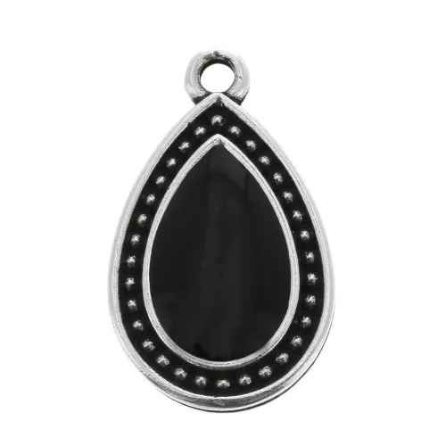 Colgante gota trabajado resina epoxi 21x12 mm Plateado envejecido - Negro x1