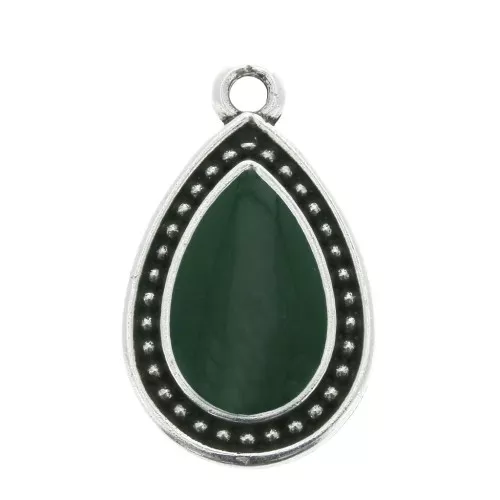 Colgante gota trabajado resina epoxi 21x12 mm Plateado envejecido - Verde sapin x1