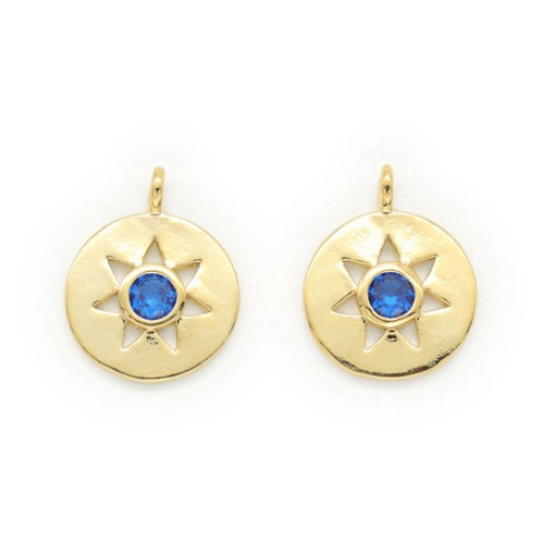 Dije redondo motivo estrella con óxido de zirconio 13x10.5 mm - Dorado - Azul x1