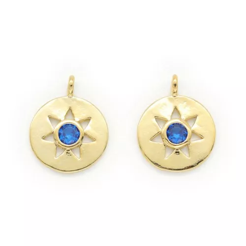 Dije redondo motivo estrella con óxido de zirconio 13x10.5 mm - Dorado - Azul x1