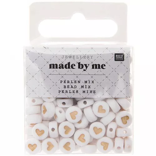 Surdido de 165 cuentas redondas - Corazones - 7 mm Blanco - Dorado
