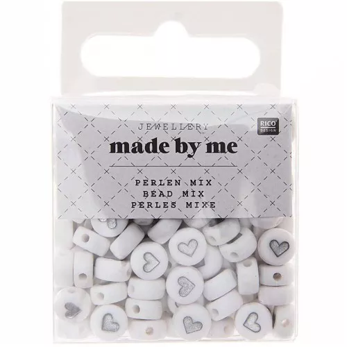 Surdido de 165 cuentas redondas - Corazones - 7 mm Blanco - de Plateado
