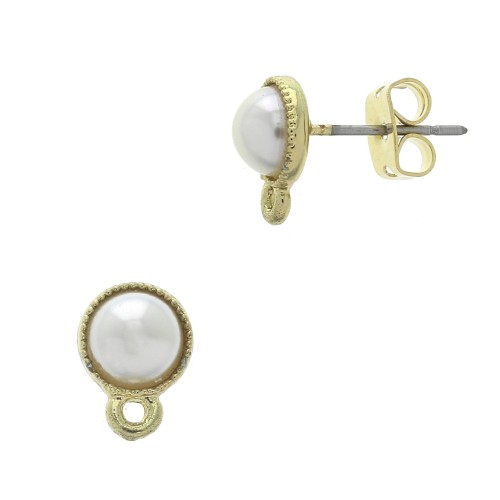 Ganchos pendientes con cuenta imitación nácar & anilla 10x7 mm Blanco - Dorado con oro fino x2