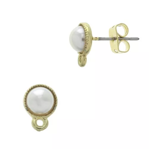 Ganchos pendientes con cuenta imitación nácar & anilla 10x7 mm Blanco - Dorado con oro fino x2