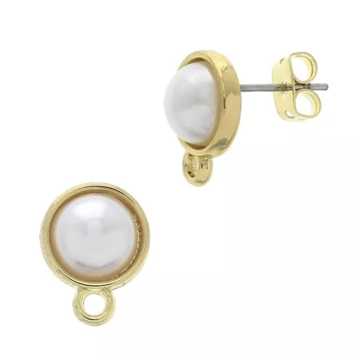Ganchos pendientes con cuenta imitación nácar & anilla 13x10 mm Blanco - Dorado con oro fino x2