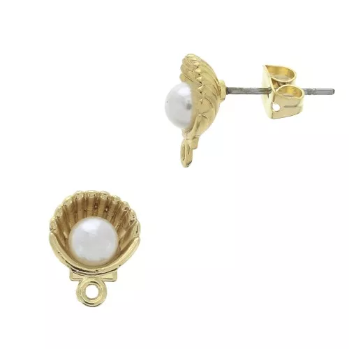 Ganchos pendientes concha con cuenta imitación nácar 11.5x9 mm Dorado con oro fino - Blanco x2