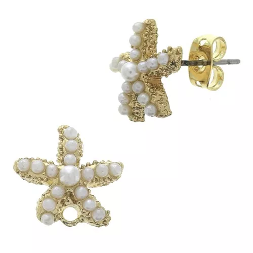 Ganchos pendientes estrella mar cuentas imitación nácar 12 mm - Blanco - Dorado con oro fino x2