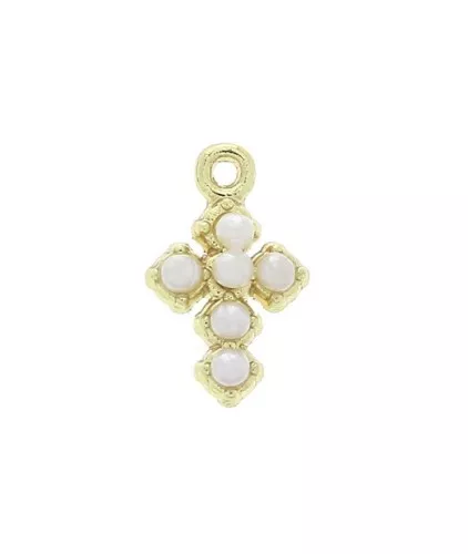 Mini dije cruz de zamac con cuentas imitación nácar 10x6 mm - Blanco - Dorado x1