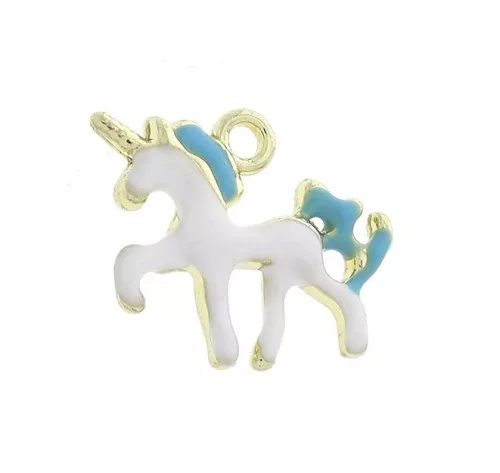 Dije unicornio de zamac y resina epoxi 14x17 mm - Blanco - Azul - Dorado x1