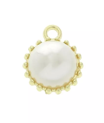 Dije redondo trabajado con cuenta imitación nácar 12 mm - Blanco - Dorado x1