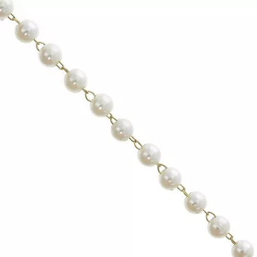 Cadena adornada de acero inox dorado con cuentas imitación nácar 4 mm - Blanco x1m