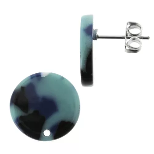 Pendientes acetato de celulosa15 mm Imitación Tortuga Multi Azul - Blancoo x2