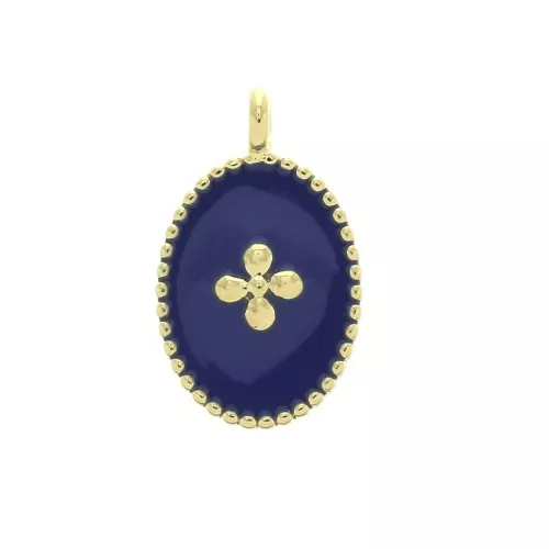 Dije medalla ovalado motivo cruz de resina epoxi 14x8.5 mm Dorado con oro fino - Azul oscuro x1