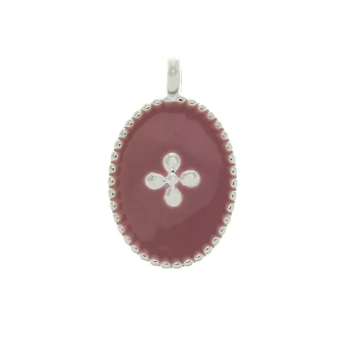 Dije medalla ovalado estampado cruz de resina epoxi 14x8.5 mm chapado en plata fina- Vieux Rosa