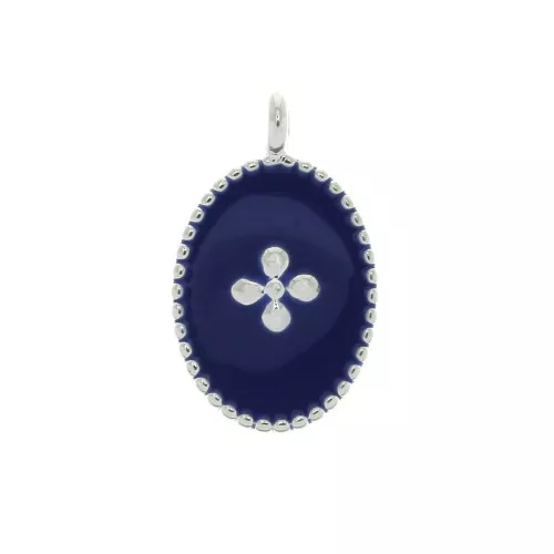 Dije medalla ovalado estampado cruz de resina epoxi 14x8.5 mm chapado en plata fina- Azul oscuro