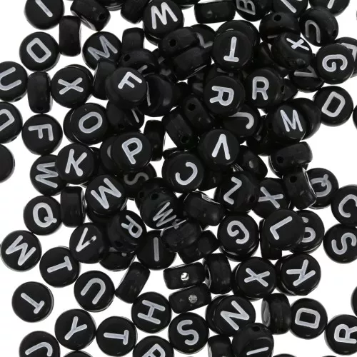 Surdido de 200 cuentas letras redondas alfabeto 7 mm Negro - Blanco