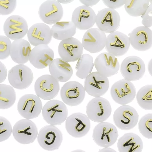 Surdido de 200 cuentas letras redondas alfabeto en relieve 9.5mm - Blanco - Dorado